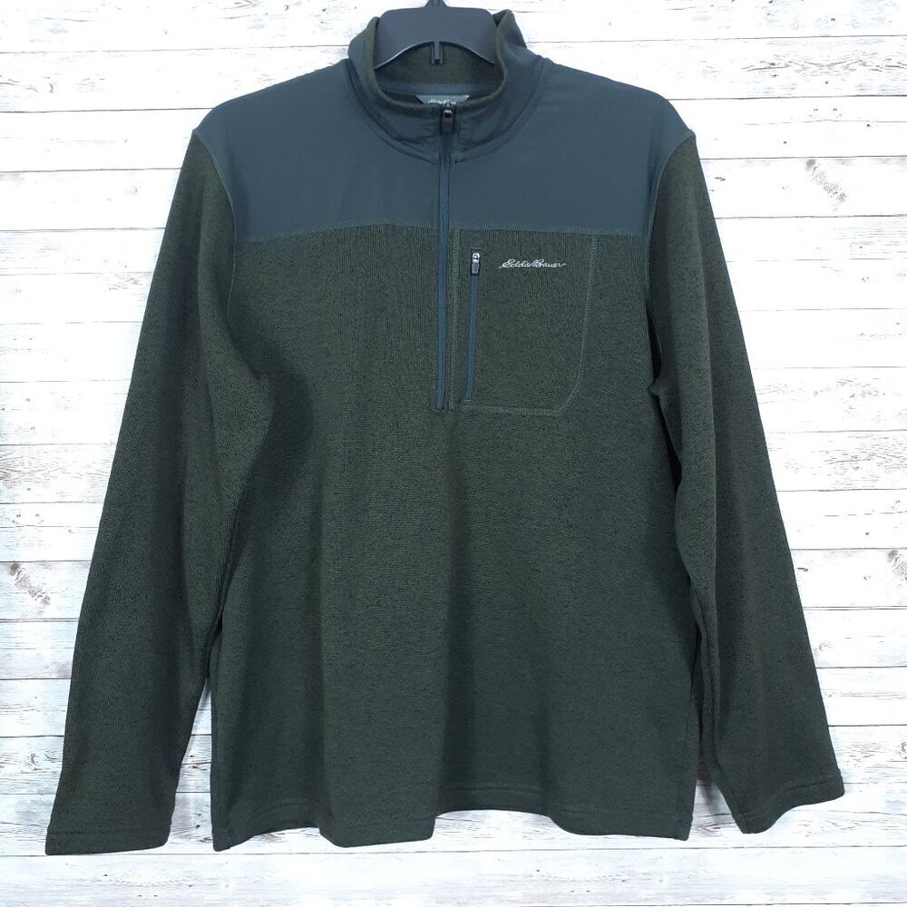 Eddie Bauer Mens Fleece Pullover XL 1/2 Zip Green Pocket Long Sleeve 62